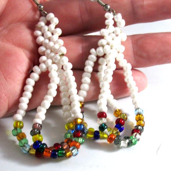 Hand Crafted Jewelry - Double Hoop White & Multi-color Beaded Glass Drop Dangle Earrings